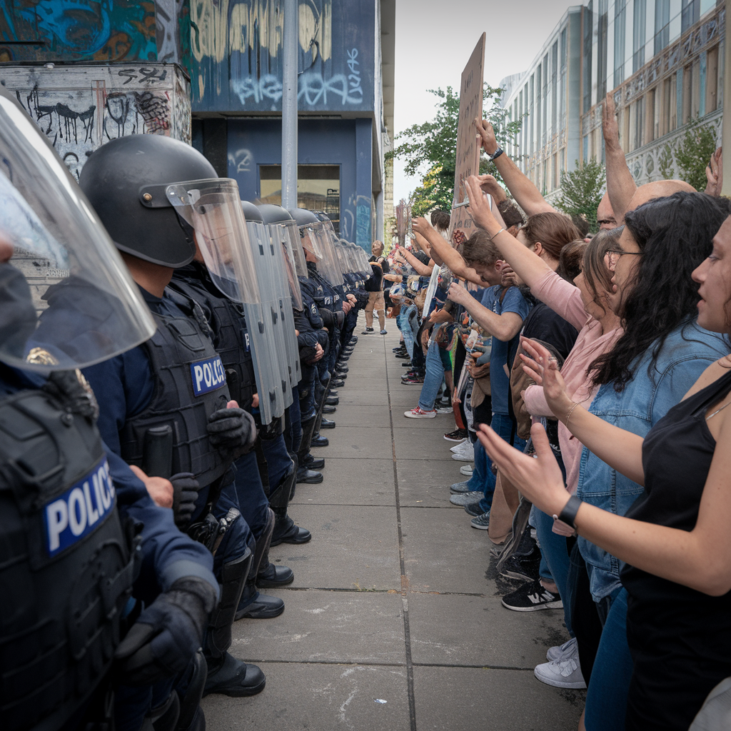 police line facing off against a line of protestors. The police officers are wearing riot gear and have shields up. The protestors are holding signs and have their hands raised. The background contains a building with graffiti.